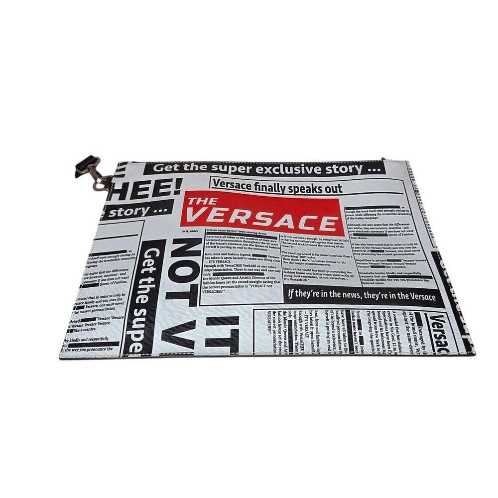 Versace Tabloid Print Saffiano Leather Wristlet Pouch Clutch